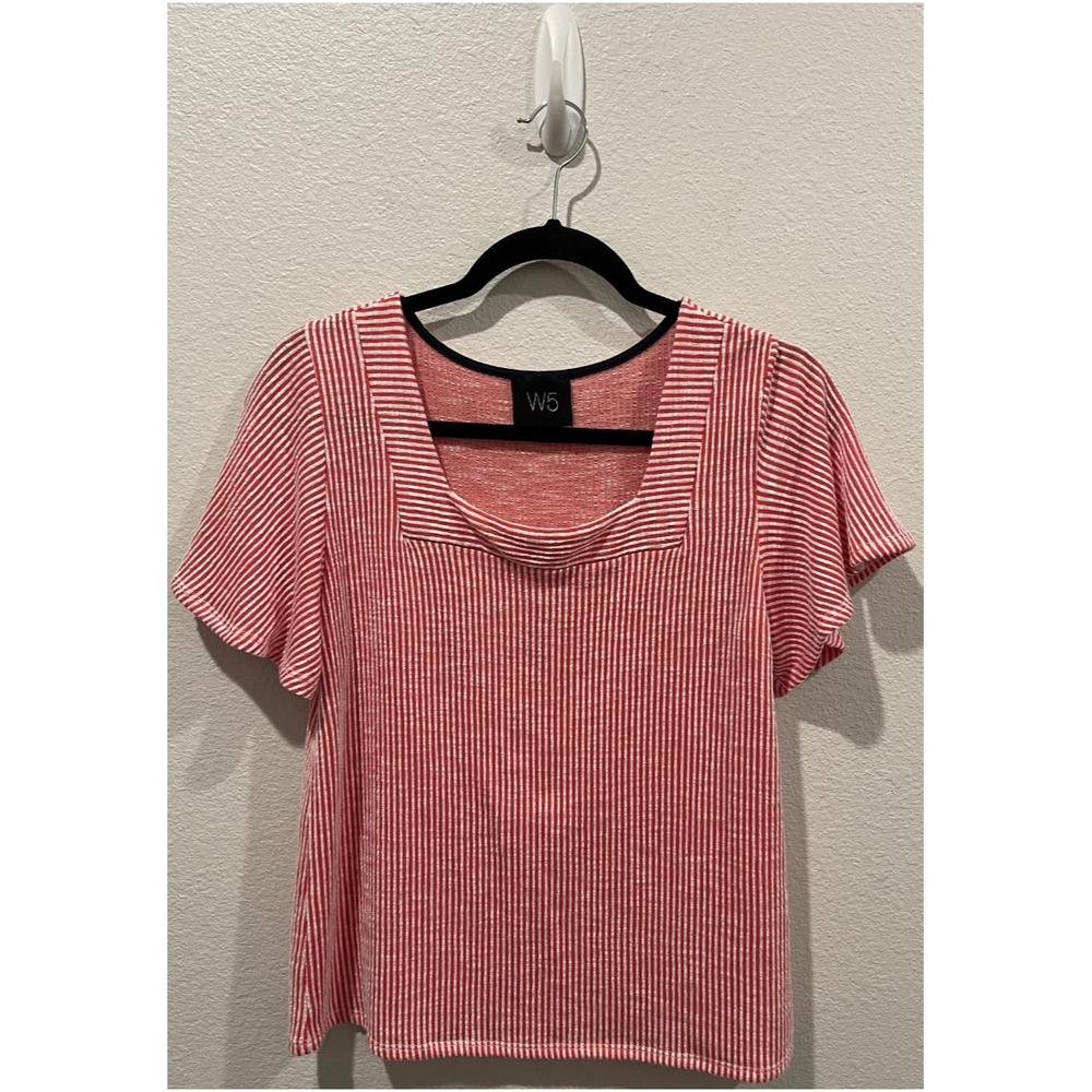 W5 Red White Stripe Short Flutter Square Neck Blo… - image 1